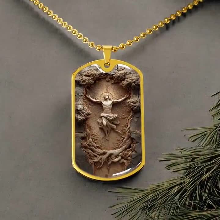 Resurrection Dog Tag Necklace or Keychain | Wood Carved Style